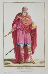 Charlemagne (742-814) a Receuil des Estampes-ből, a rangokat és a méltóságokat képviselő, az összes létező nemzet viselete szerint, 1780-ban (kézzel színezett metszet)